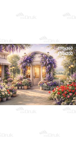 Tło fotograficzne „Romantyczna kwiaciarnia wśród fioletowych glicynii i tulipanów” | E855